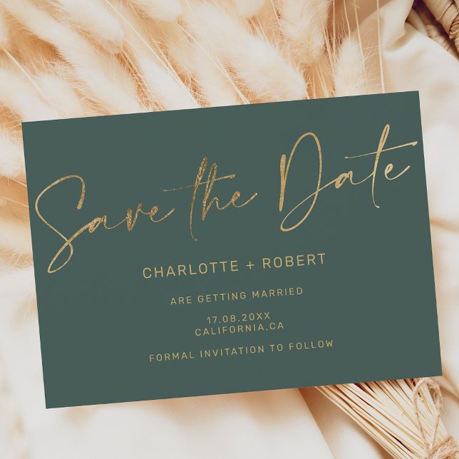Elegant gold foil dark green wedding save the date announcement (Elegant gold foil dark green wedding save the date announcement)