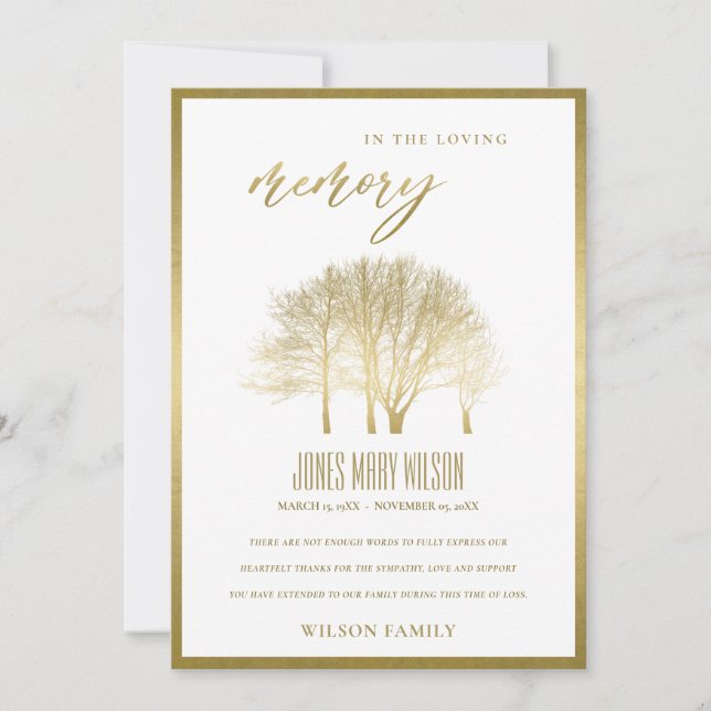 ELEGANT GOLD FOIL FALL TREE SYMPATHY MEMORIAL THANK YOU CARD (Front)