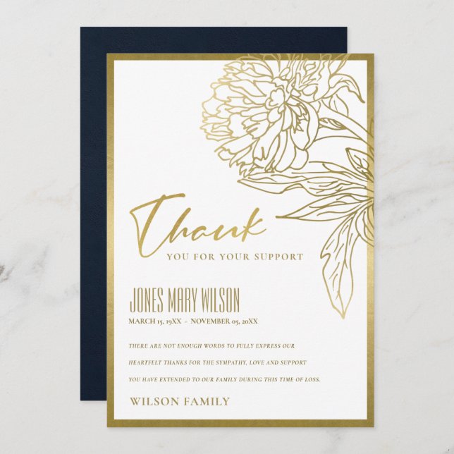 ELEGANT GOLD FOIL FAUX FLORAL SYMPATHY MEMORIAL TH THANK YOU CARD (Front/Back)