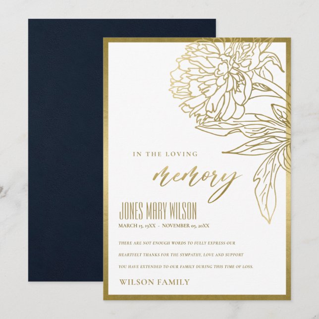 ELEGANT GOLD FOIL FAUX FLORAL SYMPATHY MEMORIAL TH THANK YOU CARD (Front/Back)