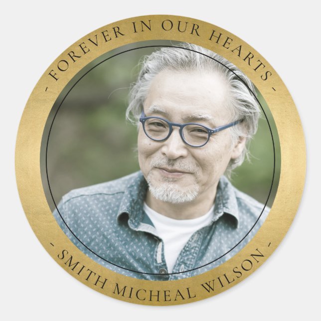 ELEGANT GOLD FOIL FAUX SYMPATHY MEMORIAL PHOTO  CLASSIC ROUND STICKER (Front)