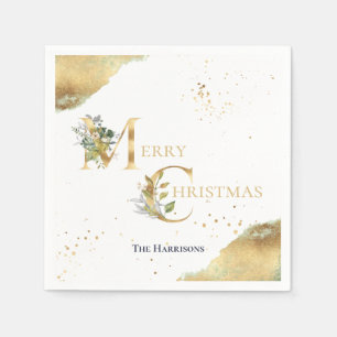 Elegant Gold Foil Floral Glitter Merry Christmas Napkin