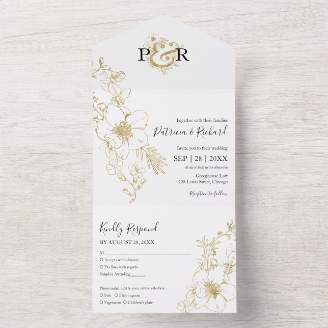Elegant Gold Foil Floral Monogram Wedding All In One Invitation (Inside)