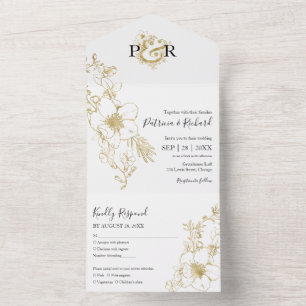 Elegant Gold Foil Floral Monogram Wedding All In One Invitation