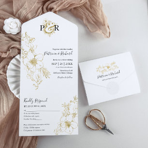 Elegant Gold Foil Floral Monogram Wedding All In One Invitation