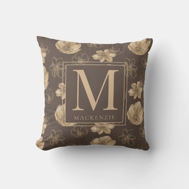 Elegant Gold Foil Floral Pattern Monogram Cushion (Front)