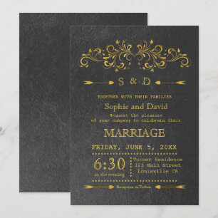 Elegant Gold Foil Flourish Black Wedding Invite