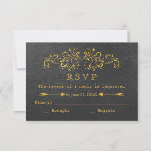 Elegant Gold Foil Flourish Black Wedding RSVP