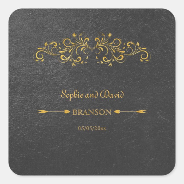 Elegant Gold Foil Flourish Black Wedding Square Sticker (Front)