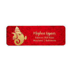 Elegant Gold Foil Ganapati Indian God Red Damask