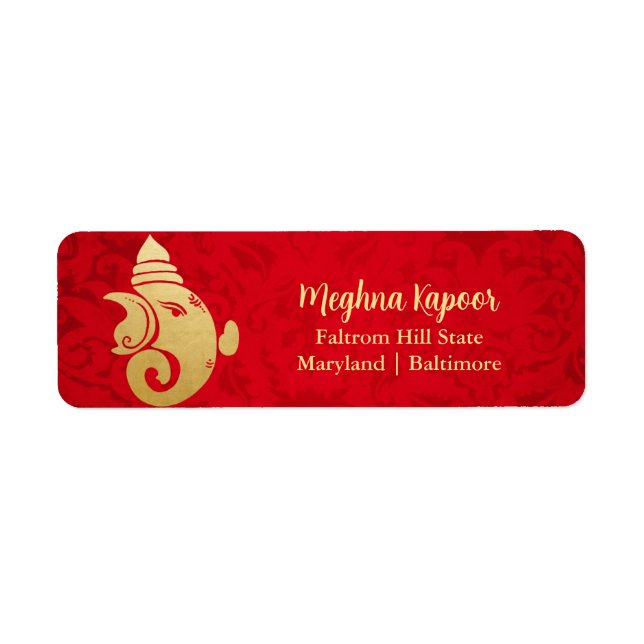 Elegant Gold Foil Ganapati Indian God Red Damask (Front)