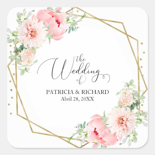 Elegant Gold Foil Geometric Blush Floral Wedding Square Sticker (Front)