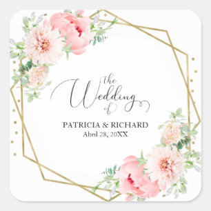 Elegant Gold Foil Geometric Blush Floral Wedding Square Sticker