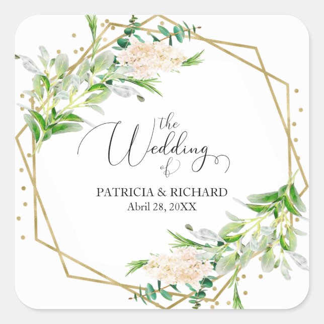 Elegant Gold Foil Geometric Greenery Wedding Square Sticker (Front)