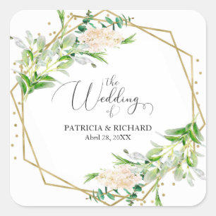 Elegant Gold Foil Geometric Greenery Wedding Square Sticker