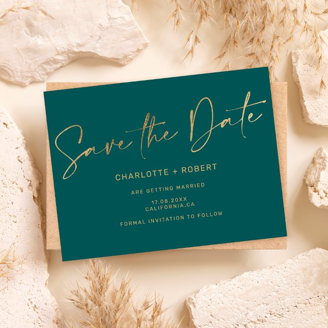 Elegant gold foil green wedding save the date announcement postcard (Creator Uploaded)