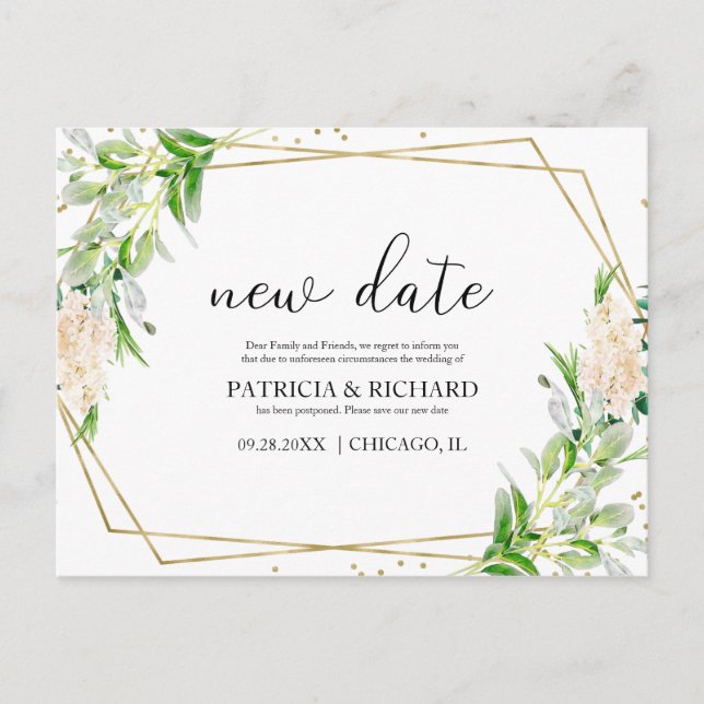 Elegant Gold Foil Greenery Wedding New Date Postcard (Front)
