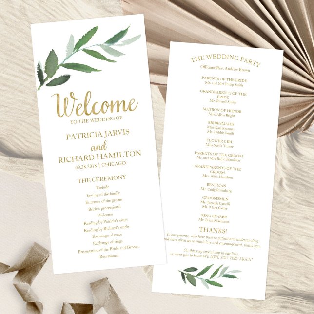 Elegant Gold Foil Greenery Wedding Programs Programme (Creator Uploaded)