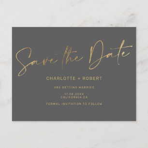 Elegant gold foil grey wedding save the date announcement postcard