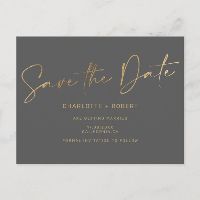 Elegant gold foil grey wedding save the date announcement postcard (Front)