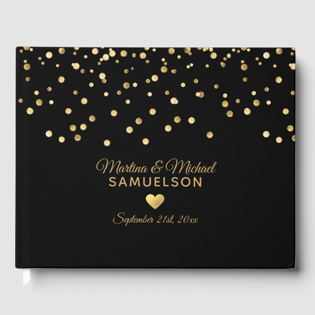 Elegant Gold Foil Heart Black Wedding Guest Book (Front)