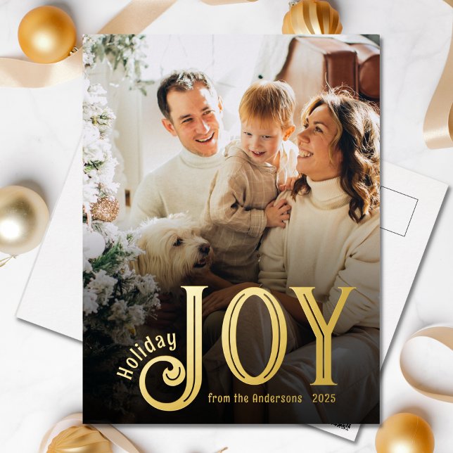 Elegant Gold Foil Joy Photo Holiday Postcard (Holiday Joy Gold Foil Postcard)