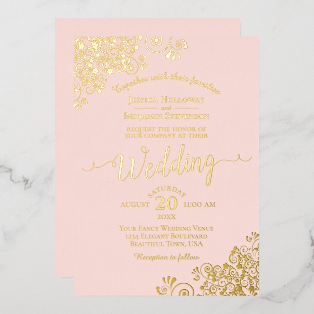 Elegant Gold Foil Lace on Blush Pink Wedding (Front/Back)