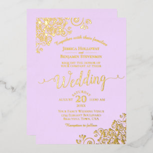 Elegant Gold Foil Lace on Lilac Purple Wedding