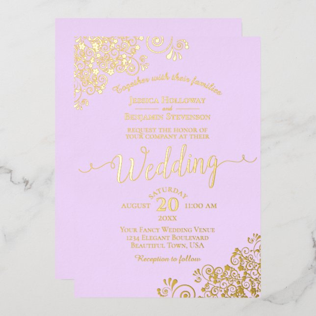 Elegant Gold Foil Lace on Lilac Purple Wedding (Front/Back)