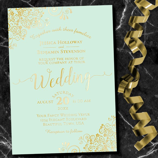 Elegant Gold Foil Lace on Pale Mint Green Wedding (Creator Uploaded)