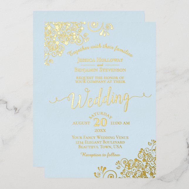 Elegant Gold Foil Lace on Powder Blue Wedding (Front/Back)