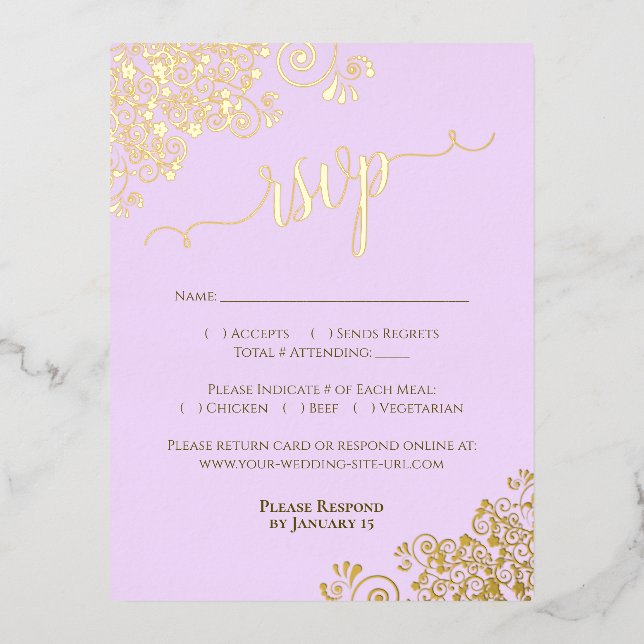 Elegant Gold Foil Lilac Purple Wedding RSVP Card (Front)