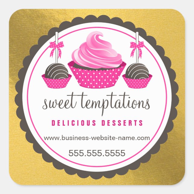 Elegant Gold Foil Look Pink Cupcake Cake Pops Square Sticker (Front)