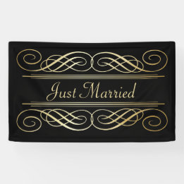 Elegant Gold Foil Look Scrollwork Script on Black Banner