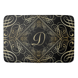 Elegant Gold Foil Look Scrollwork Script on Black Bath Mat
