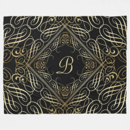 Elegant Gold Foil Look Scrollwork Script on Black Fleece Blanket