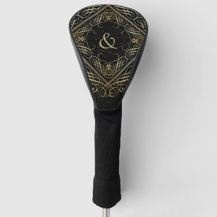 Elegant Gold Foil Look Scrollwork Script on Black Golf Head Cover