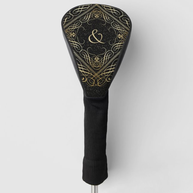 Elegant Gold Foil Look Scrollwork Script on Black Golf Head Cover (Front)