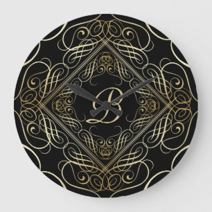 Elegant Gold Foil Look Scrollwork Script on Black Large Clock