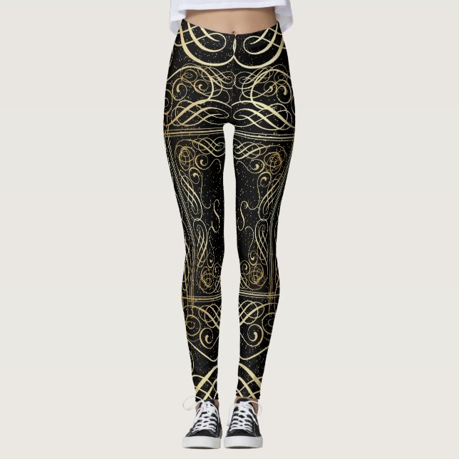 Elegant Gold Foil Look Scrollwork Script on Black Leggings (Front)