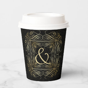 Elegant Gold Foil Look Scrollwork Script on Black Paper Cups