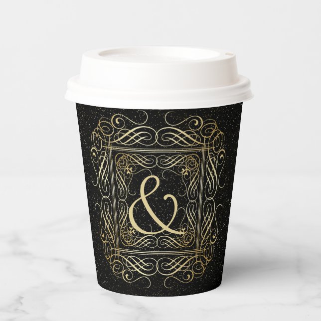 Elegant Gold Foil Look Scrollwork Script on Black Paper Cups (Front)