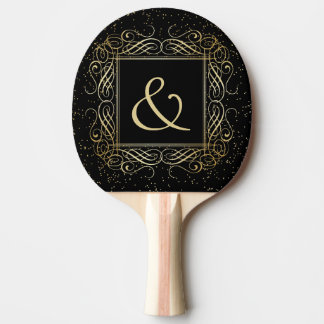 Elegant Gold Foil Look Scrollwork Script on Black Ping Pong Paddle