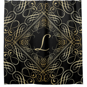 Elegant Gold Foil Look Scrollwork Script on Black Shower Curtain