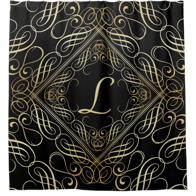 Elegant Gold Foil Look Scrollwork Script on Black Shower Curtain (Front)