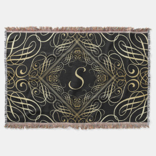Elegant Gold Foil Look Scrollwork Script on Black Throw Blanket