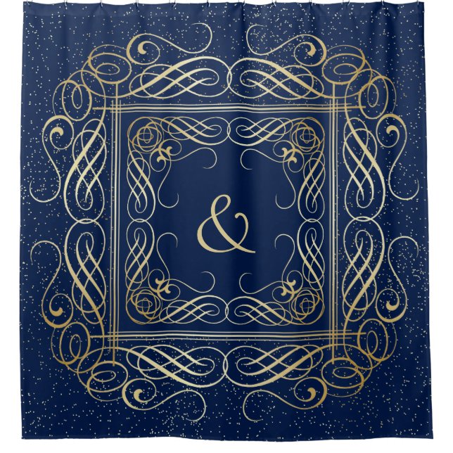 Elegant Gold Foil Look Scrollwork Script on Navy Shower Curtain (Front)