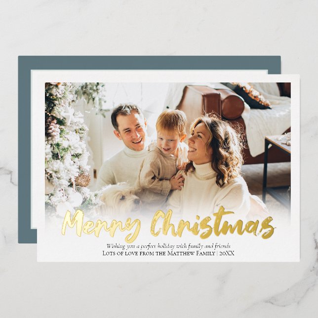 Elegant Gold Foil Merry Christmas Family Photo Foil Holiday Card (Front/Back)