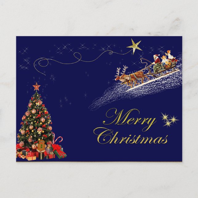 Elegant Gold Foil Merry Christmas Santa Reindeer Holiday Postcard (Front)