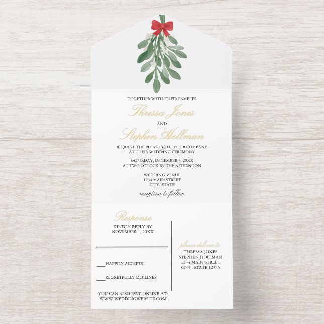 Elegant Gold Foil Mistletoe Wedding All In One Invitation (Inside)
